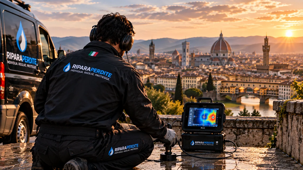 Illustrazione di ricerca perdite acqua con Firenze sullo sfondo