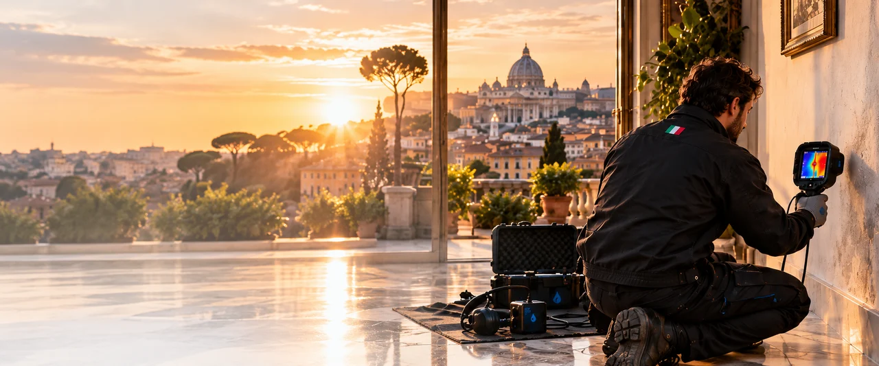Tecnico specializzato durante una ricerca strumentale delle perdite con termocamera a Roma